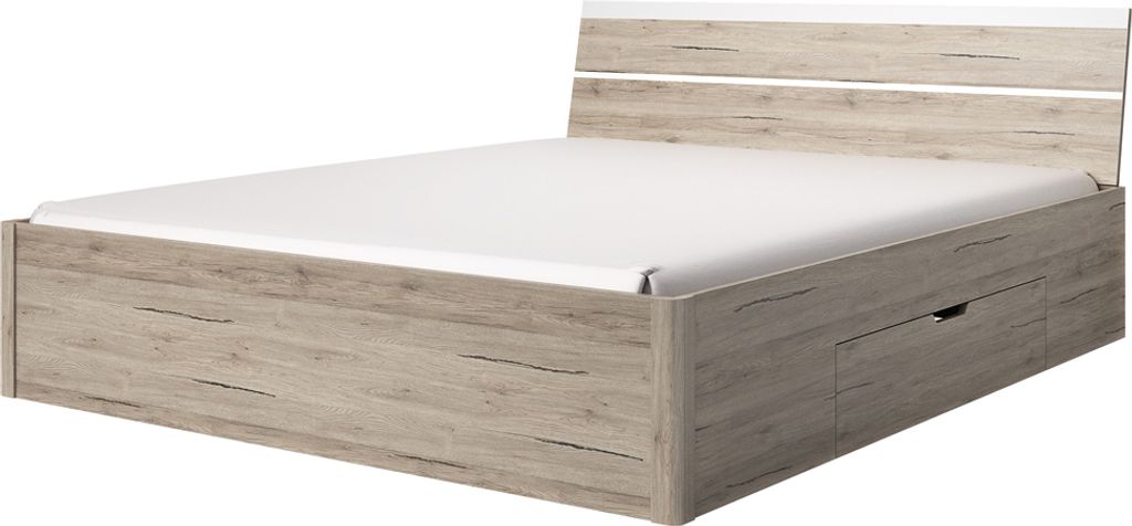 Doppelbett mit Schubkästen Liegefläche 180x200 cm BIRMINGHAM-83 in Sanremo Eiche hell Nb. mit weiß, B/H/T: ca. 188/92/218 cm