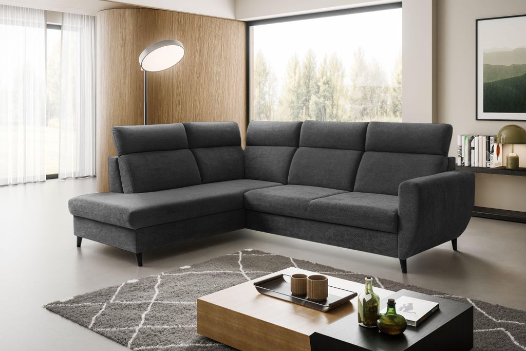 Ecksofa TORRO L (262 x 205 cm) – LINKE SEITE, moderne verstellbare Kopfstützen, Bettkasten, Schlaffunktion, CRUZ 97 - Graphit