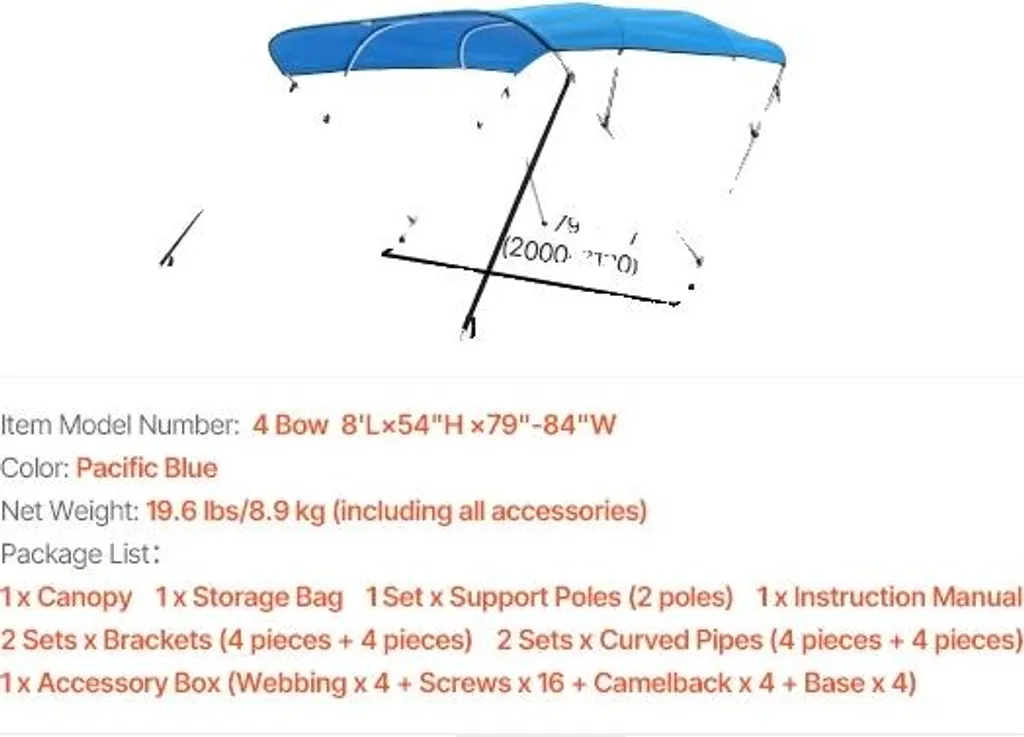 Bimini bateau alu et toile 600D résistante 79-84 pouces bleu pacifique