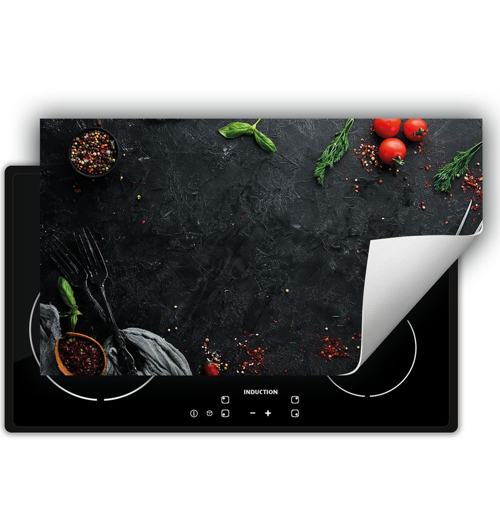 DarHaus Herdabdeckplatte 90x52 cm Anti Rutsch Matte Aufrollbar, schiefer - Gewürze - Chilli