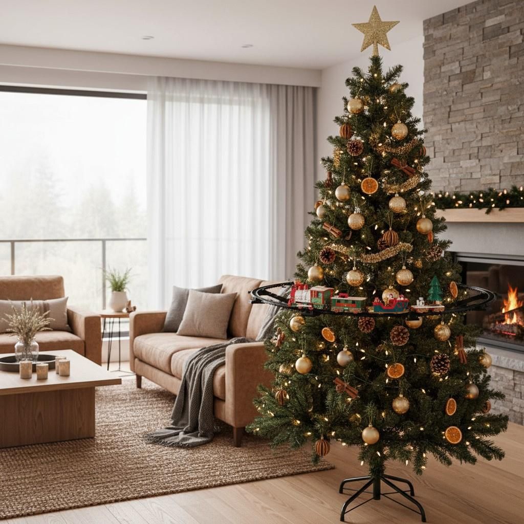 A decorated Christmas tree with a toy train set around its base in a living room.