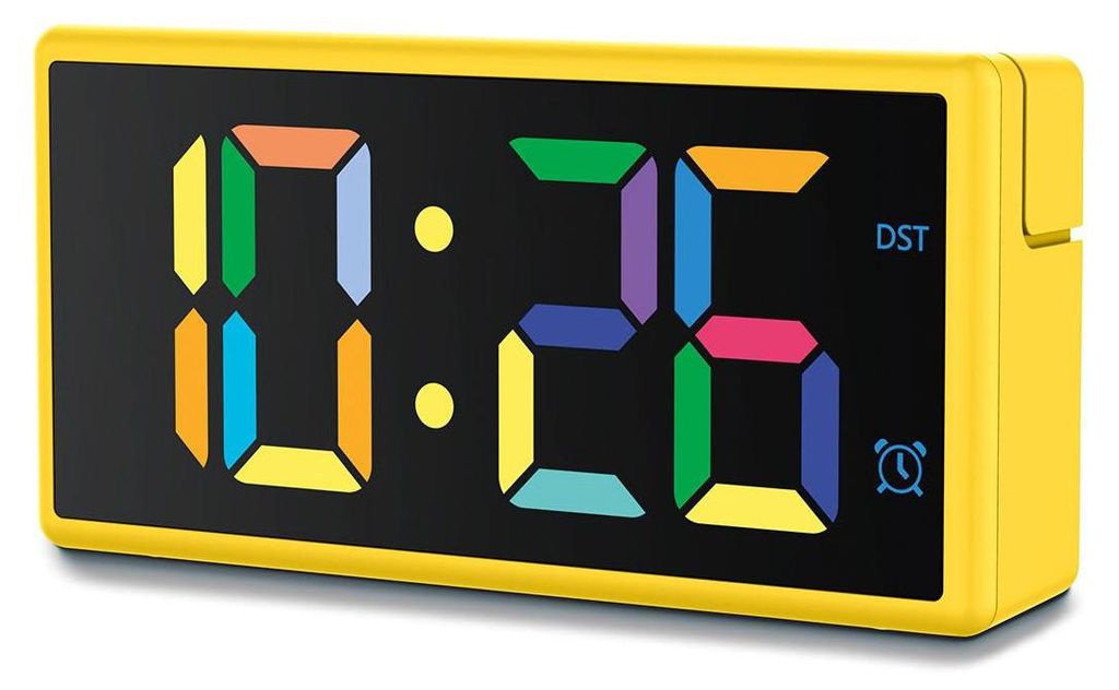 A digital alarm clock with a multicolor display.