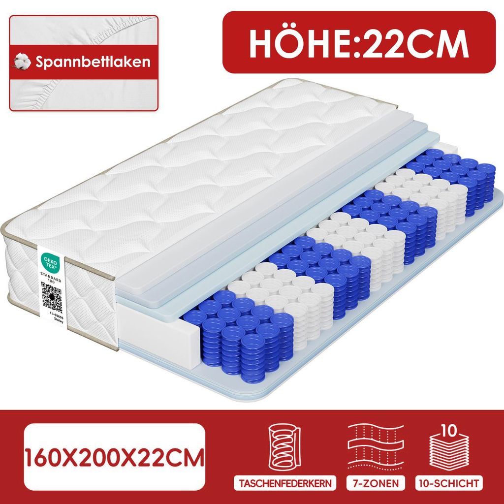 Hiazurm Matratze 160x200 cm, 7-Zonen Federkernmatratze mit Produktbild 