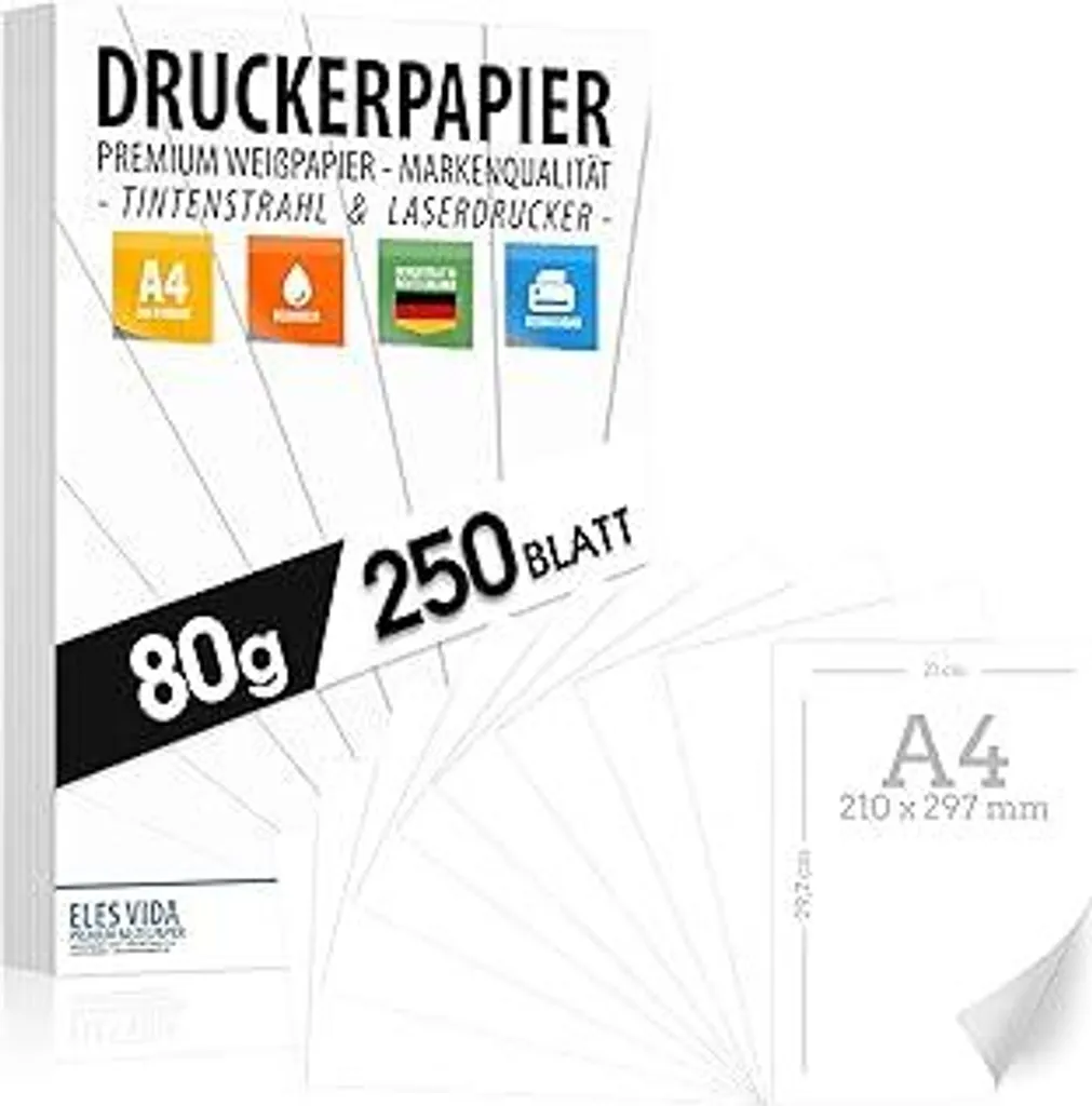 250 Fogli Carta A4 80g Bianca Premium - Per Scuola, Casa e Lavoro