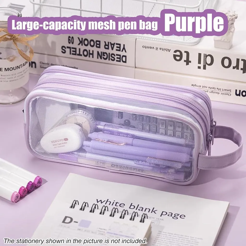 Porte-plume transparent violet grand format pour école et bureau