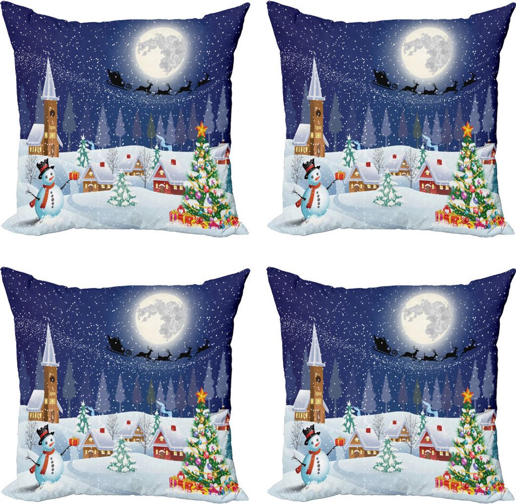 ABAKUHAUS Weihnachten Kissenbezug Set (4 Stück), Winterlandschaft, Moderner Doppelseitiger Digitaldruck, 40 cm x 40 cm, Weiß Blau
