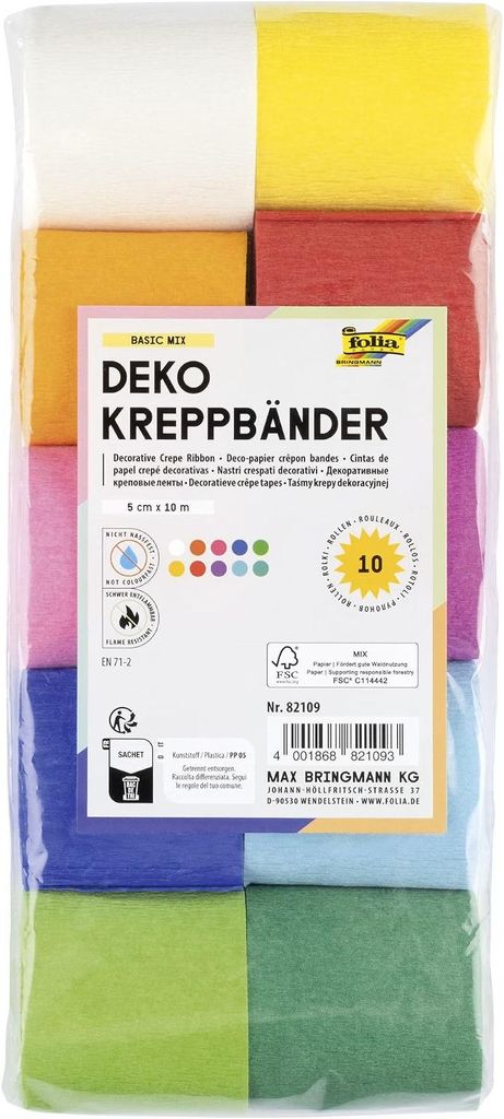Folia Krepppapier Dekobänder farbsortiert/qm 10 Rollen Produktbild 