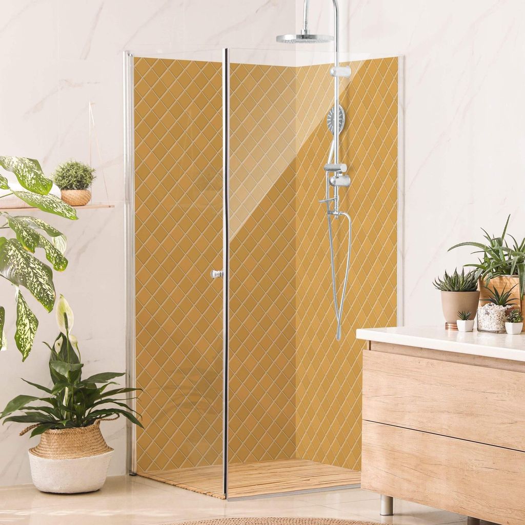 Duschrückwand mit Motiv selbstklebend - 0.61 mm Wandpaneel wasserfest Design orange Fliesenoptik Unifarben Badrückwand fugenlos Premium matt 90x2...