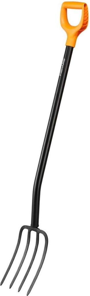 A Fiskars pitchfork is shown against a white background.