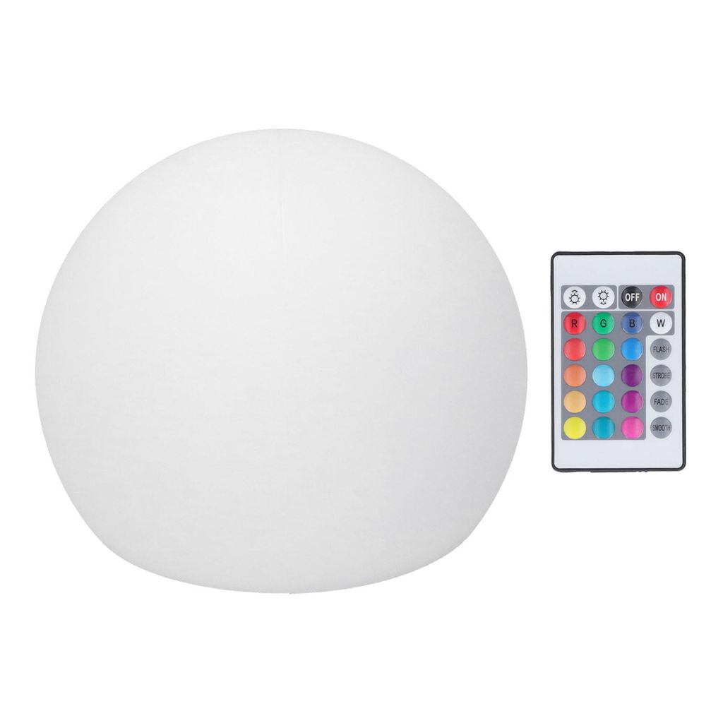 A white spherical LED light and a remote control are shown against a white background.