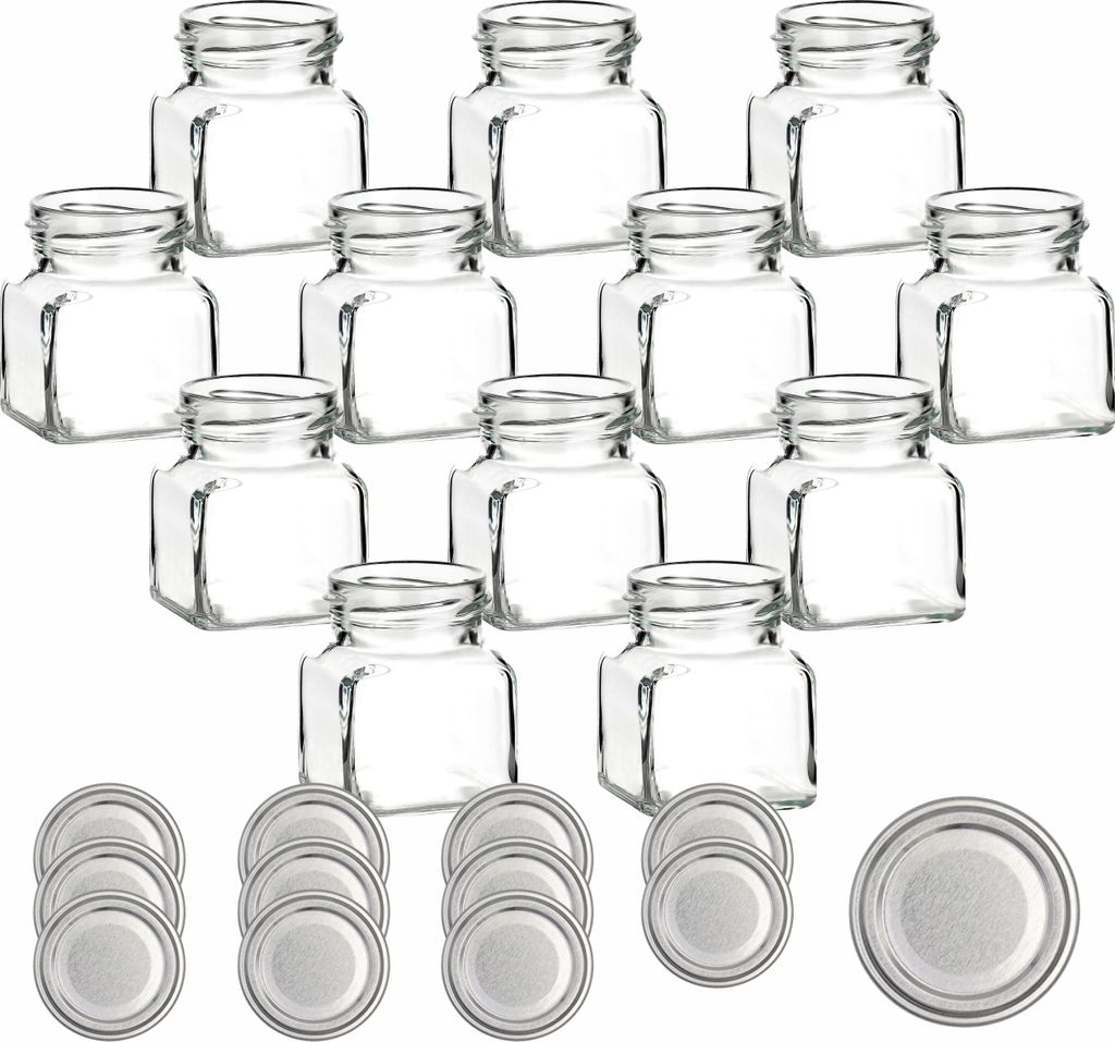 gouveo 12er Set Einmachgläser 120 ml eckig Schraubverschluss silberfarben - Kleines Vorratsglas mit Deckel für Gewürze, Marmelade