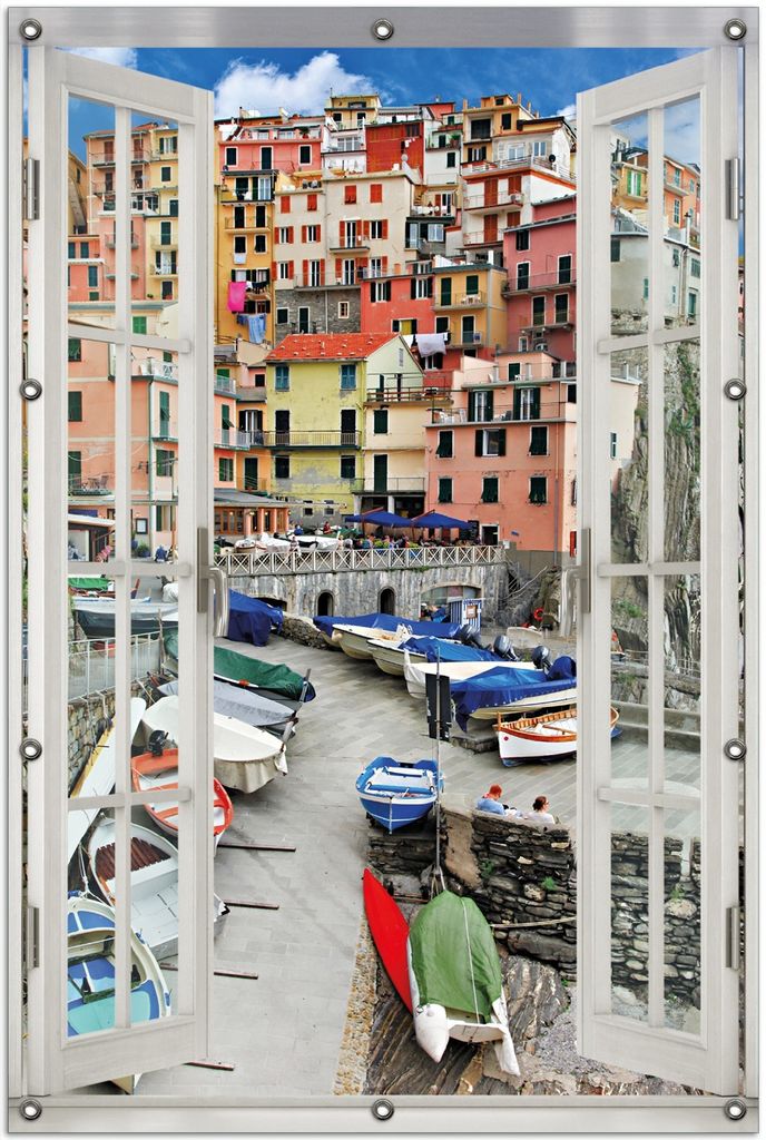 Wallario Outdoor-Poster für Garten oder Balkon 100 x 150 cm: Bunter Hafen in Italien