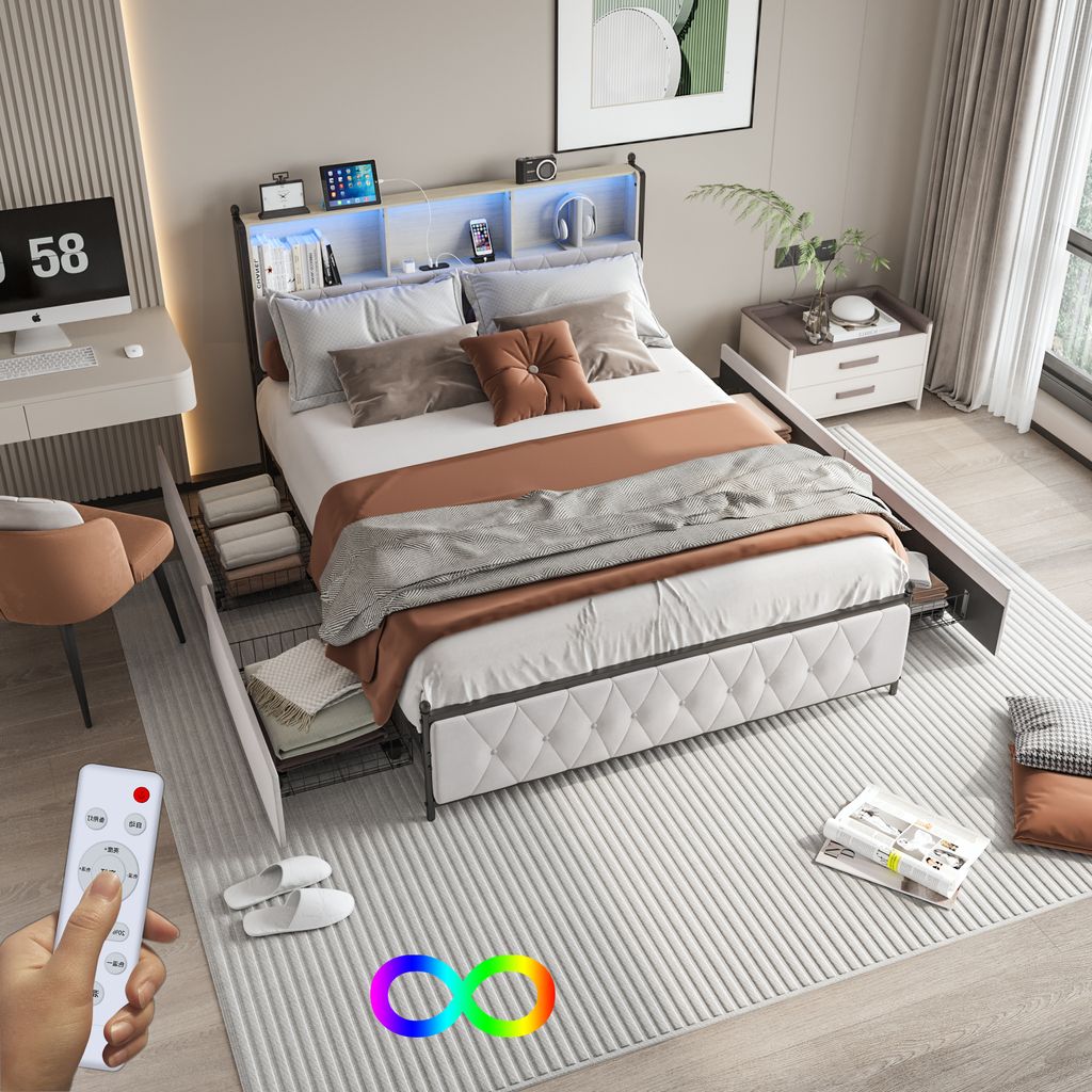 Letto imbottito per adulti con illuminazione LED e porte Immagine del prodotto 