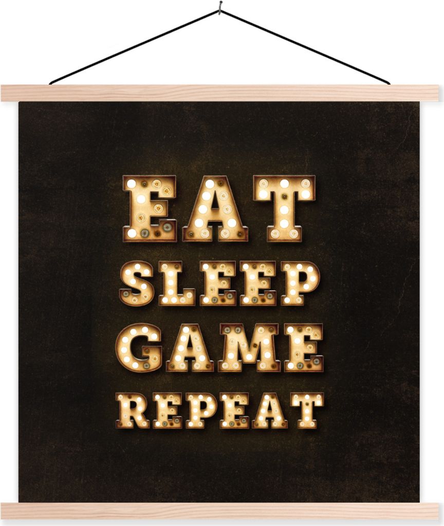 MuchoWow Textilposter Spiele - Spiele - Zitate - Sprichwörter - Eat sleep game repeat 120x120 cm mit holzfarbenen Rahmen - Textil-Poster