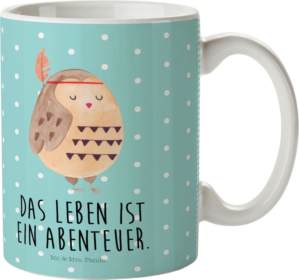 Mr. & Mrs. Panda Haferl Eule Federschmuck - Türkis Pastell - Geschenk, Reisebecher, mutig, Plastikbecher, Owl, Dekoration, Kinderbecher, Trinklern...