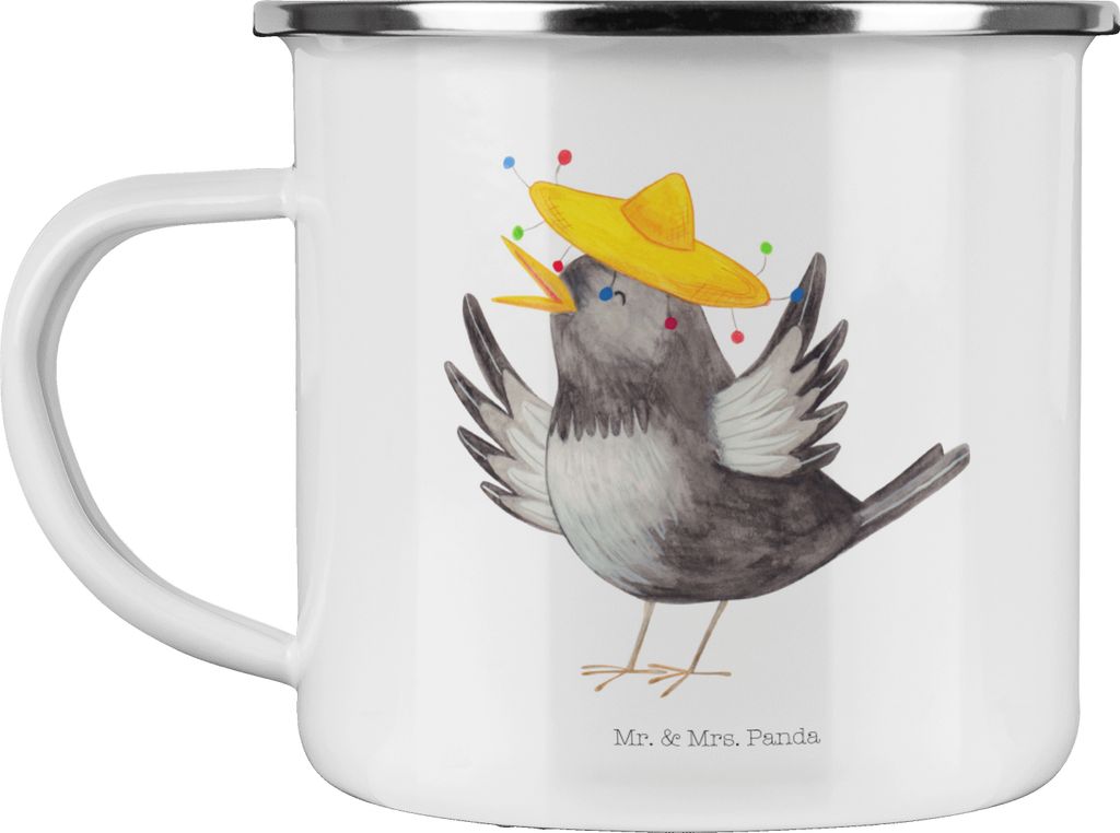 Mr. & Mrs. Panda Emaille Tasse Rabe Sombrero - Weiß - Geschenk, Teetasse, Haferl, Motivation, Spruch Positiv, Elster, Kaffeepott, glücklich sein,...