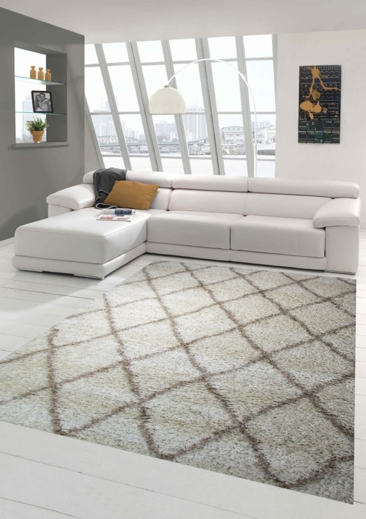 Shaggy Wohnzimmerteppich Hochflor Langflor Rautenmuster in Creme Beige Größe - 80x150 cm