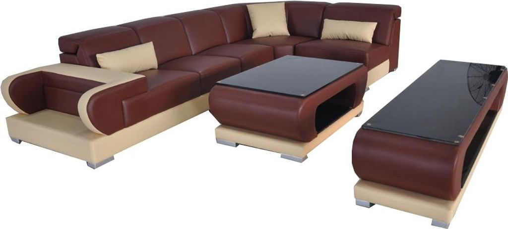 Moderne Eckcouch + Tisch Polster Ecke Sitz Garnitur Wohnlandschaft Sofa Leder