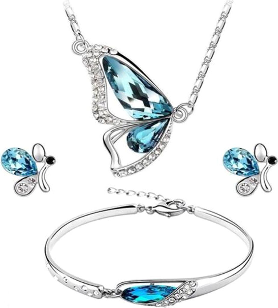 Schmetterling Strass Anhänger Halskette Ohrstecker Armband Brautschmuck Set-Blau