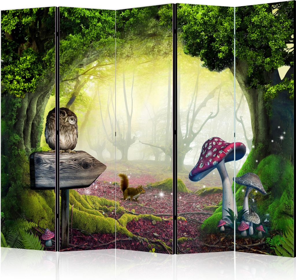5-teiliger Doppelseitiger Vlies Paravent - Owlish Corner II Produktbild 