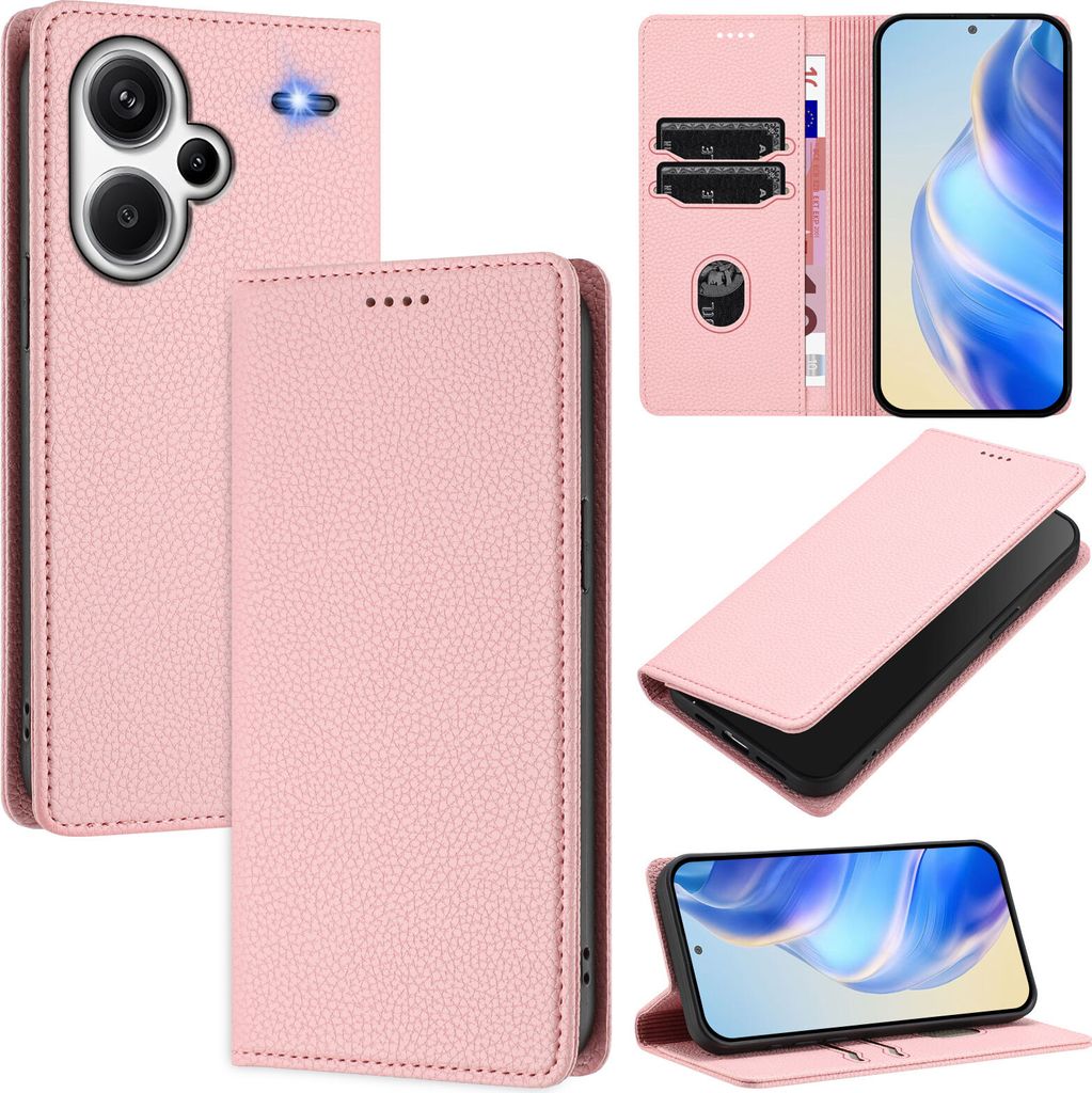 Litchi Leder Handyhülle für Xiaomi Redmi Note 13 Pro+ Wallet Kartenfächer Standfunktion Hülle Pink