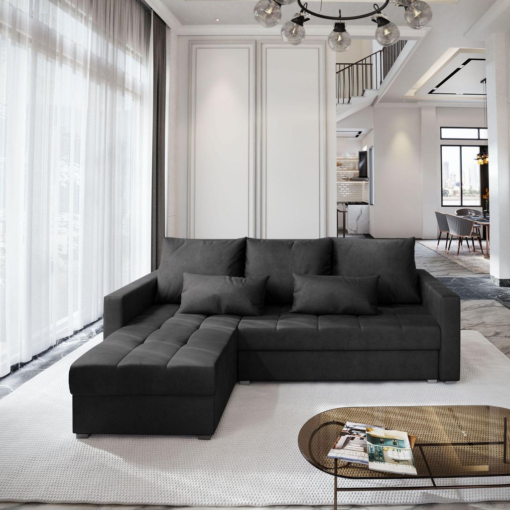 Masseno Ecksofa KOS PIK M mit Schlaffunktion L-Form, Sofa mit Bettkasten, Wohnzimmersofa, Couch, Soffa, Bettsofa, Couchgarnitur- Schwarz, MONOLITH 95