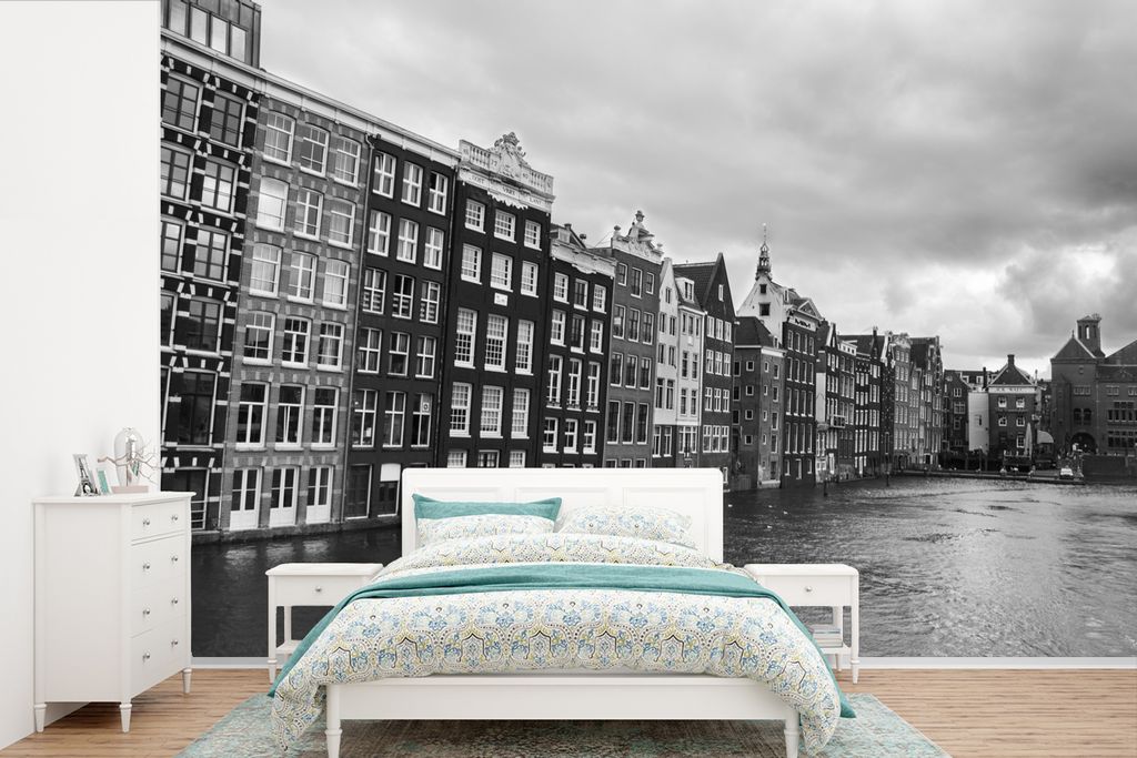 MuchoWow Fototapete für Wohnzimmer oder Schlafzimmer Wandtapete Vinyl Motivtapete Amsterdam Grachten Schwarz-Weiß-Fotodruck - 330x220 cm - Foto...