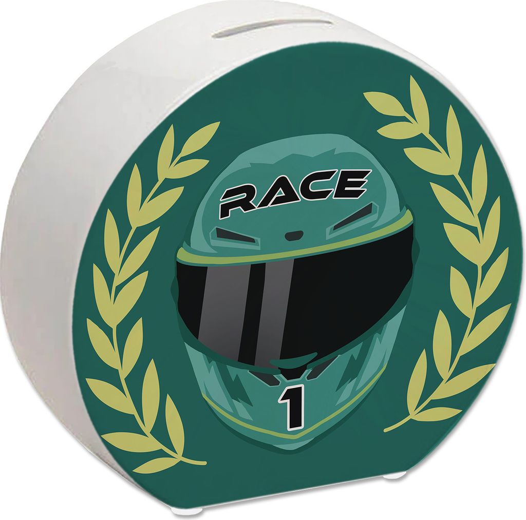 Motorsport-Helm Spardose in Racing Green mit Siegerkranz