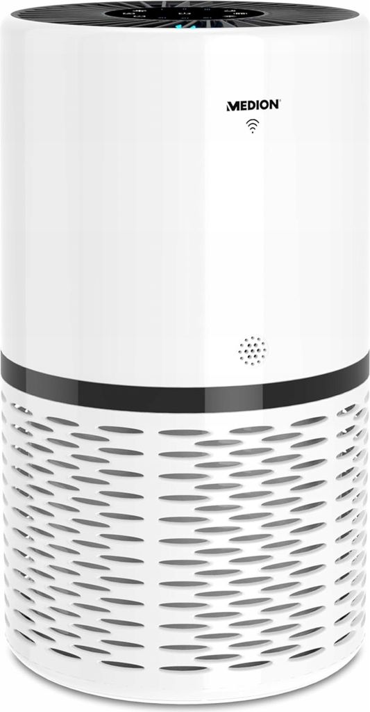 A white cylindrical air purifier with a black top and a patterned base.