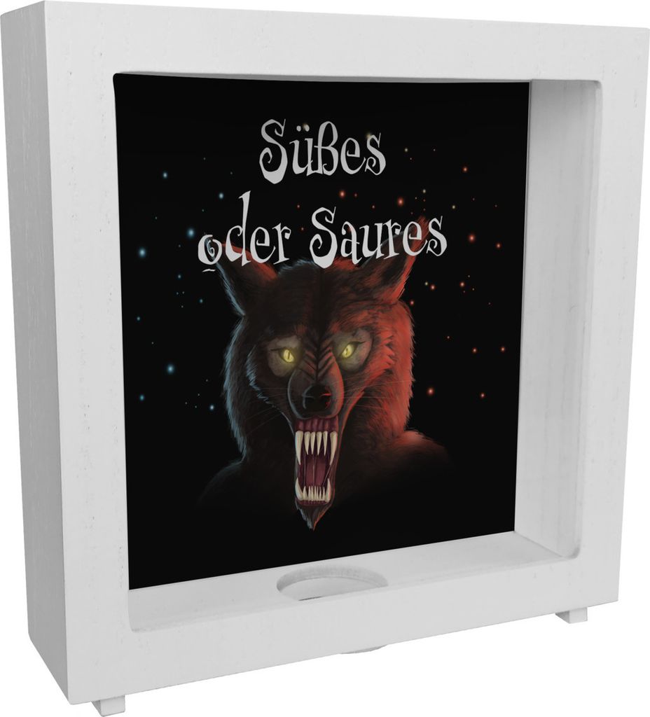 Rahmen Spardose aus Holz mit gruseligem Werwolf Motiv und Spruch - Süßes oder