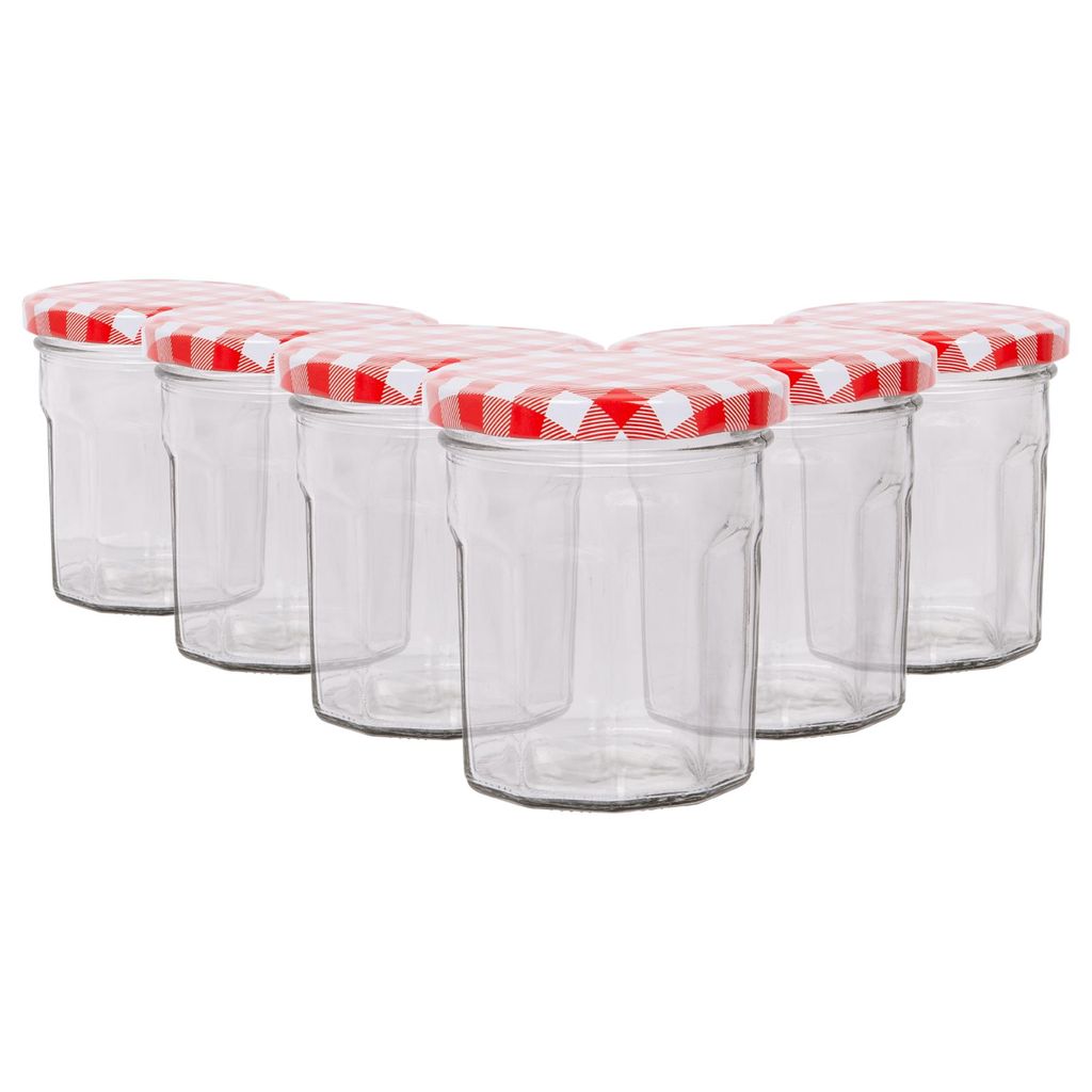 6x 185ml Marmeladengläser mit Rote Gingham Deckel - Leer Schraubenkopf Küche Essen Honig Würzen Konservieren Einmachen Lagerung Glas-Set - Von A...