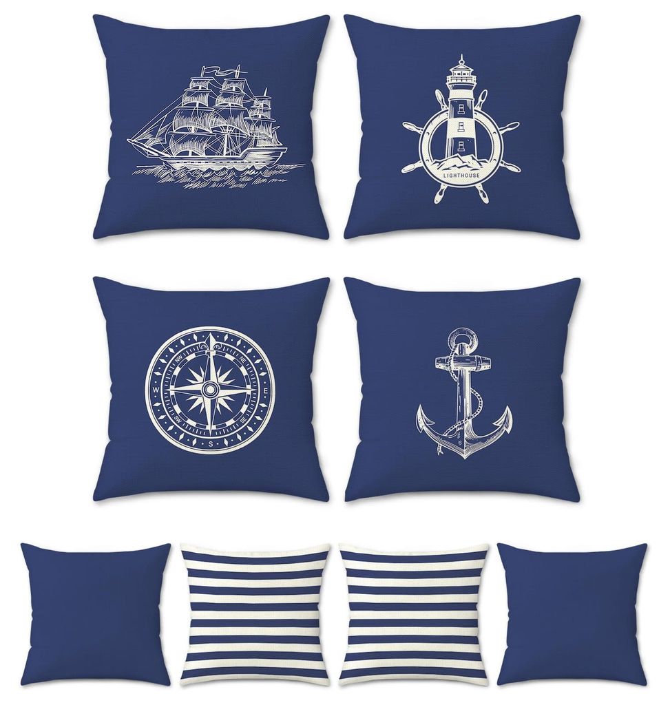 Set mit 4 maritimen Kissenbezügen (40 x 40 cm), beidseitig bedruckt mit Anker-, Kompass- und Segelbootmotiven, aus Polyester und Leinen. Dekorativ...