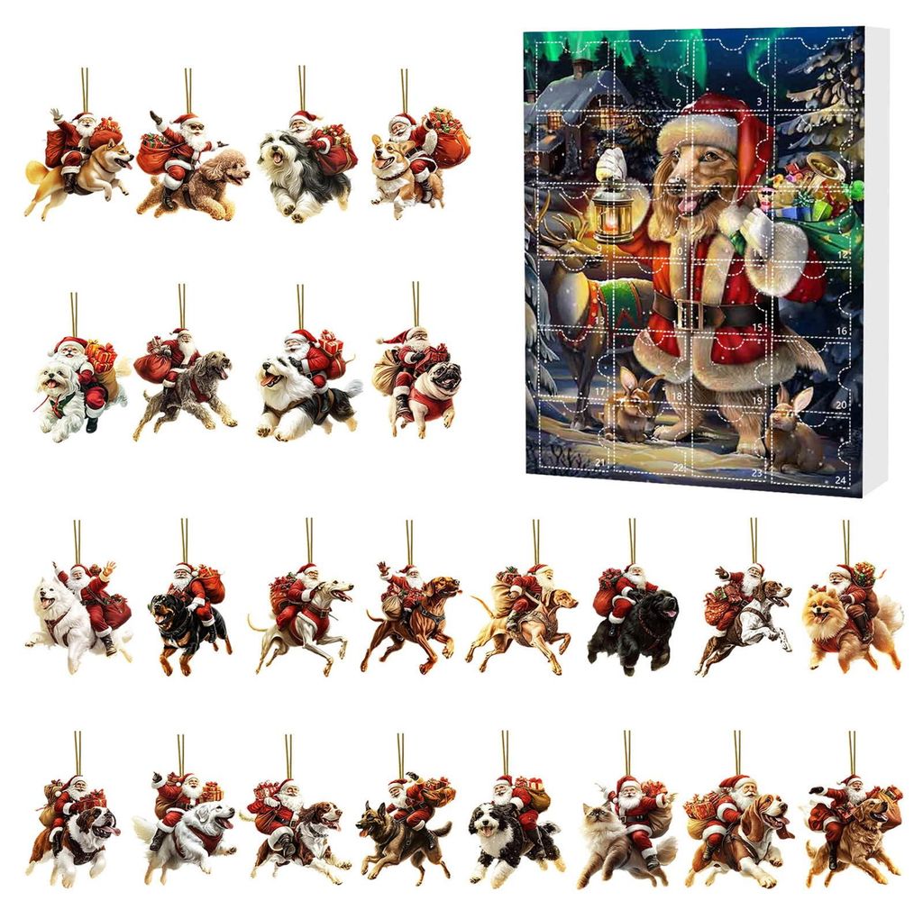 Hunde-Adventskalender, 24 Tage, Weihnachtskalender mit Hundemotiven, 2D-Hunde- und Weihnachtsmann-Dekorationen, lustiges Weihnachtsgeschenk und Eri...