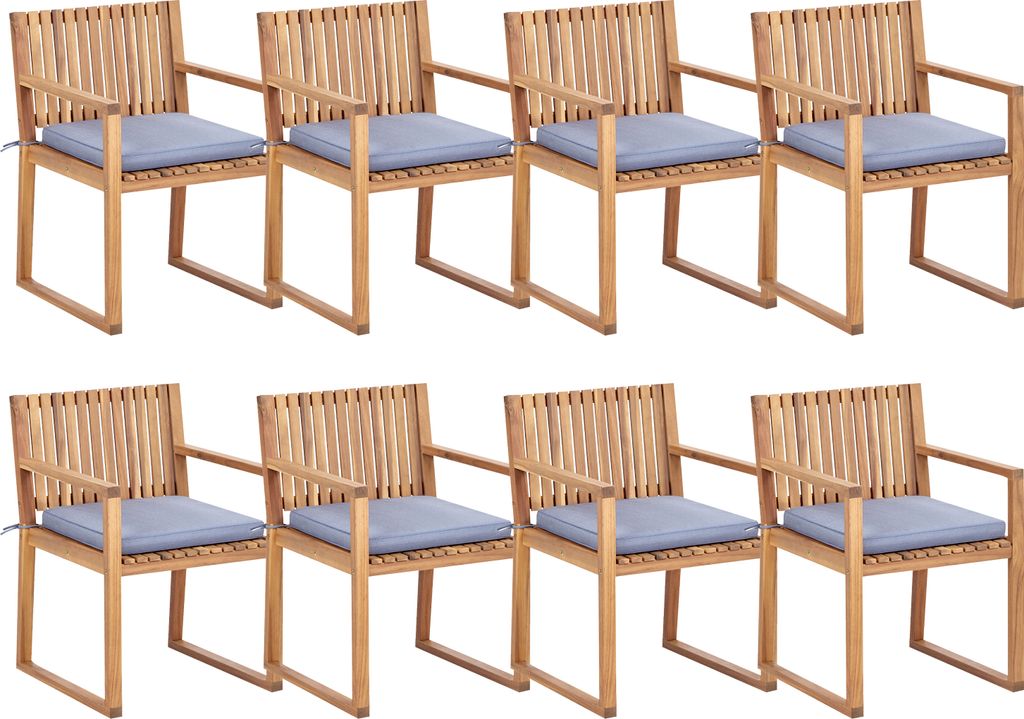 BELIANI Gartenstuhl 8er Set Hellbraun es Akazienholz mit Sitzkissen Blau Armlehnen Lamellen-Optik Holzkufen Rustikal Holzstuhl Terrasse