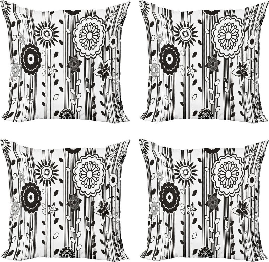 ABAKUHAUS Schwarz und weiß Kissenbezug Set (4 Stück), Funky Blüten, Moderner Doppelseitiger Digitaldruck, 40 cm x 40 cm, Schwarz und weiß