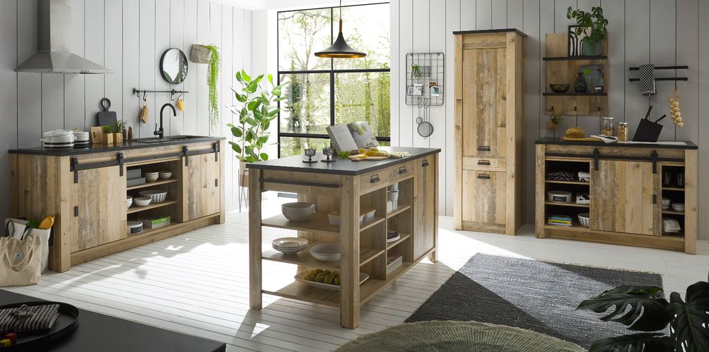 Küche mit Kochinsel "Stove" in Used Wood Küchenschrank Set 5-teilig