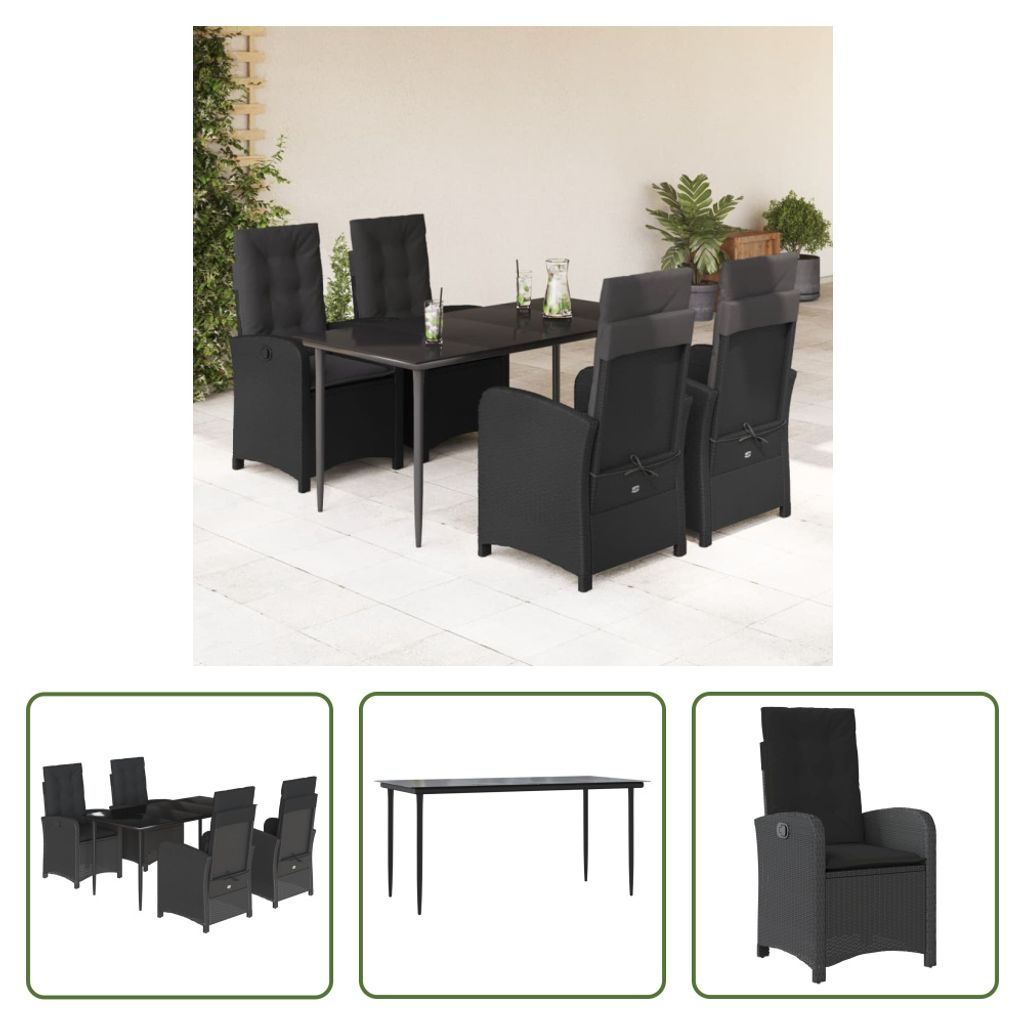 The Living Store 5-tlg. Garten-Essgruppe mit Kissen Schwarz Poly Rattan
