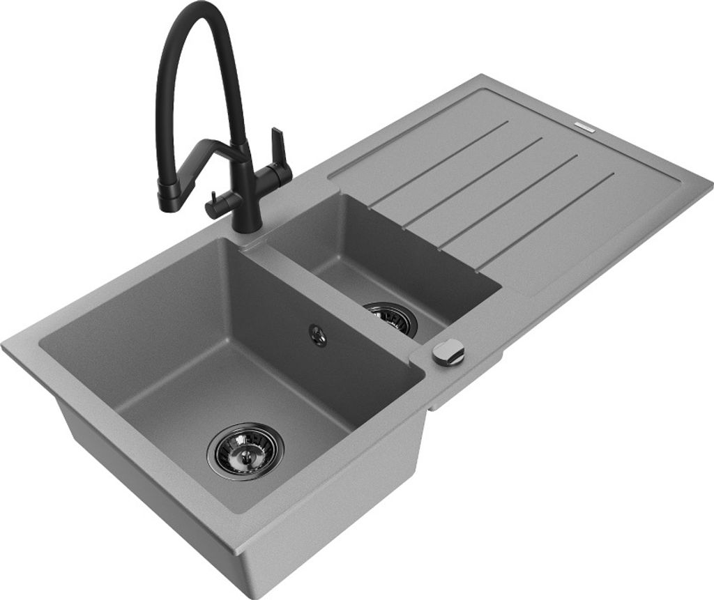 Mexen Andres 1,5-Becken-Granitspüle mit Abtropffläche und Mischbatterie Duo, Grau - 6515-71-671701-70-B
