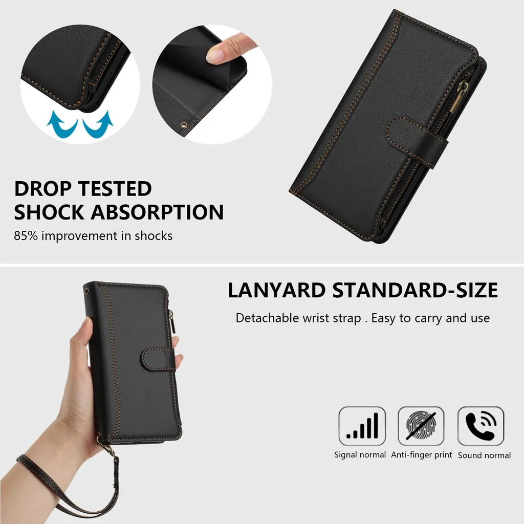 Custodia per Infinix Hot 20 4G, con cerniera, portafoglio in Finto cuoio con tasche per carte, supporto e passante per la mano nero - 5