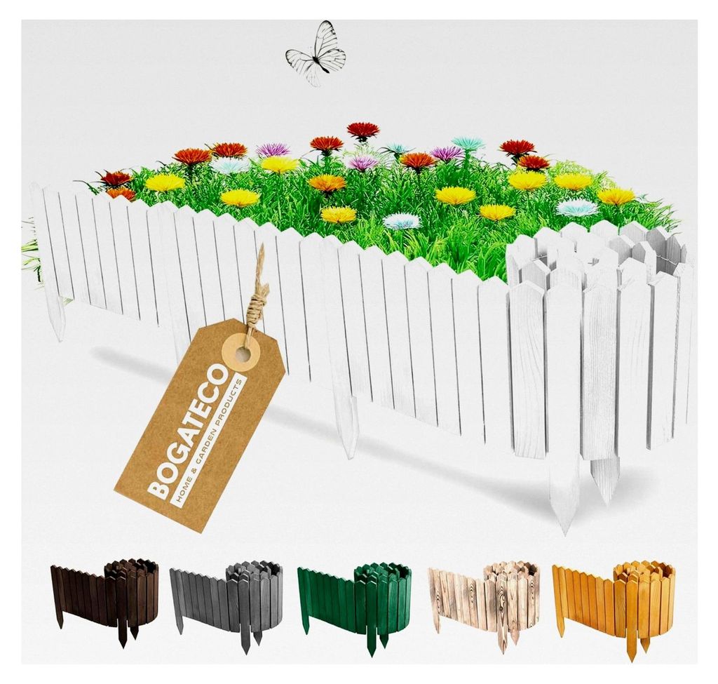 Beeteinfassung Holz Rollborder | Rollzaun 10 cm hoch & 200 cm lang | Holz-Zaun | Staketenzaun geeignet als Beet-Umrandung oder Weg-Abgrenzung | Weiß