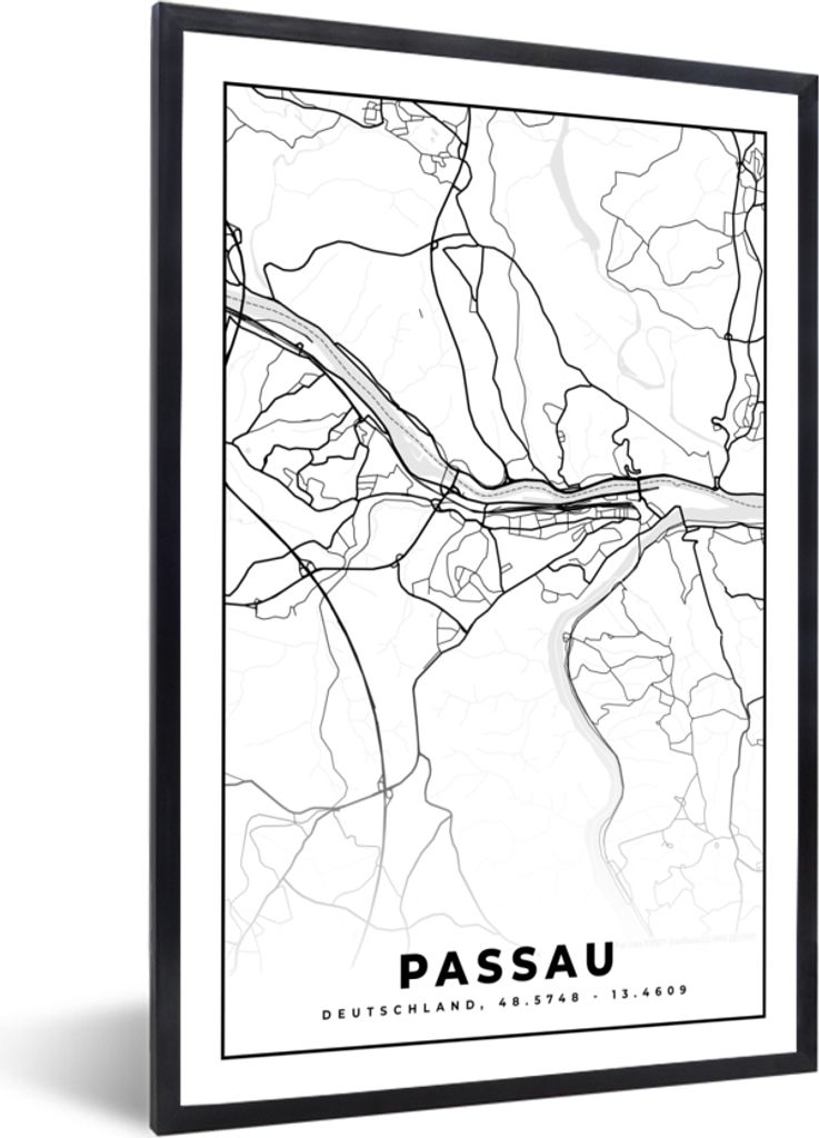 MuchoWow Gerahmtes Poster Karte - Passau - Stadtplan - Karte 20x30 cm - Poster mit Schwarzem Bilderrahmen Wandposter Rahmen Foto Bilder - Drucken...