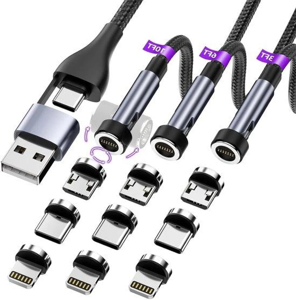 Câble de charge rotatif 360 degrés magnétique 5-en-1 noir pack trio
