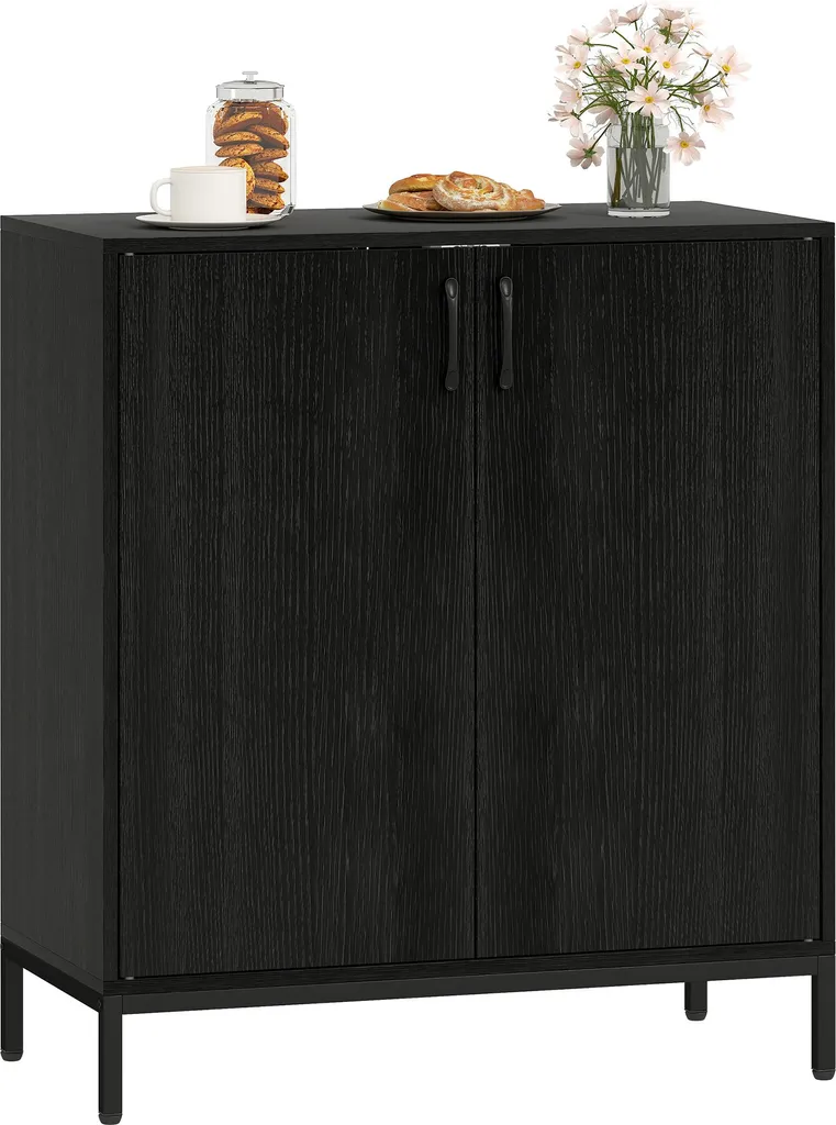 Petit Buffet de Cuisine Noir 2 Portes, Meuble de Rangement Pratique