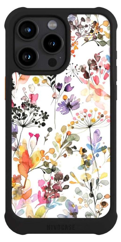 NIVOCASE Hülle für Apple iPhone 15 Pro Max Stoßfeste Handyhülle NIVOmax Case Schwarz Blume Muster Pastell
