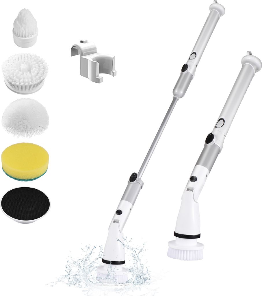 Elektrischer Spin Scrubber, kabellose Handreinigungsbuerste mit verstellbarem Verlaengerungsgriff, 4 Buerstenkoepfen, 4000 mAh Akku fuer Kueche, Ba...