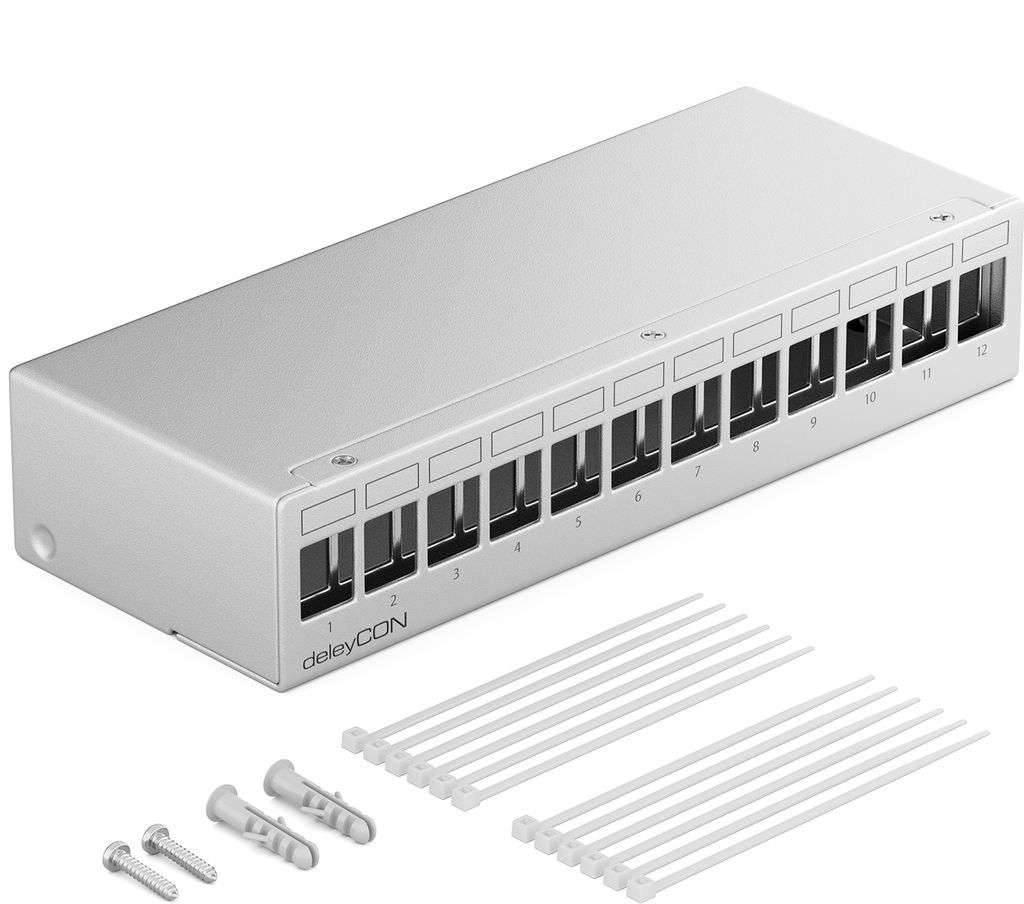 deleyCON 12 Port Patchpanel Gehäuse 1HE für 14,9mm x 17mm Keystone Module mit z.B. RJ45 Koaxialstecker BNC F-Stecker Antennenstecker RJ-11 Cinch ...