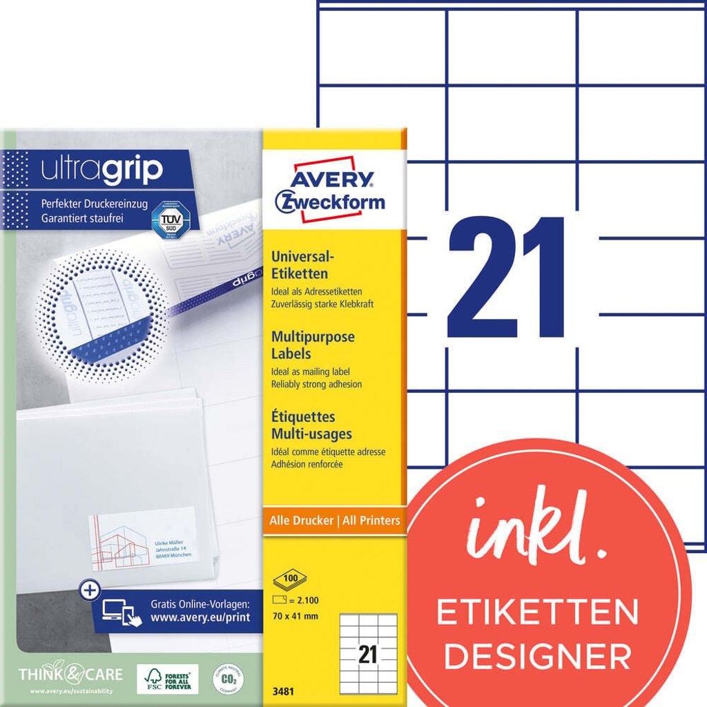 Avery Zweckform 3481 Universal-Etiketten, A4 mit ultragrip, Adressaufkleber 70 x 41 mm, weiß