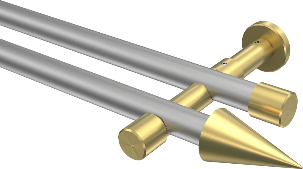 Interdeco Gardinenstange / Vorhangstange Silbergrau / Messing-Optik, Typ Prestige Savio (Kegel) ohne Ringe, 20 mm Ø 2-läufig, 280 cm