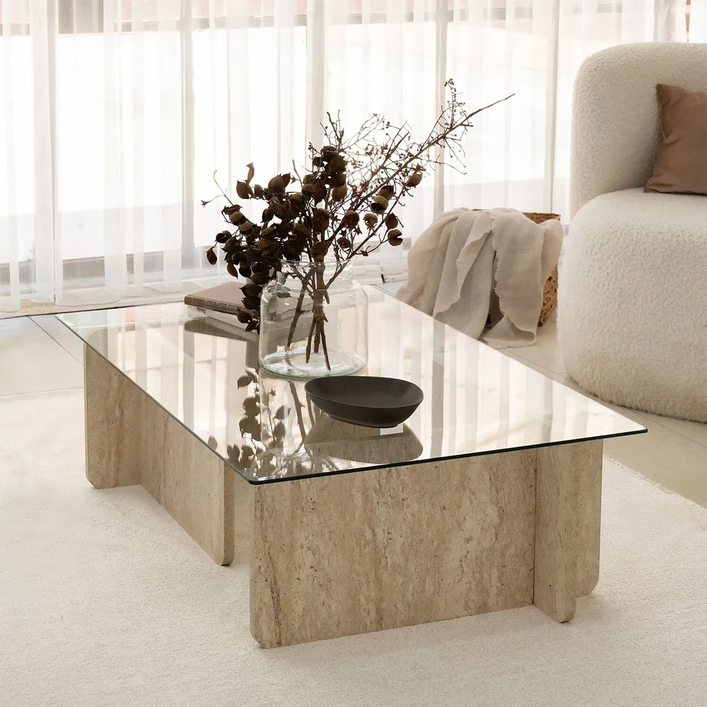 Table basse robuste en travertin et verre 105 cm : design durable - 6