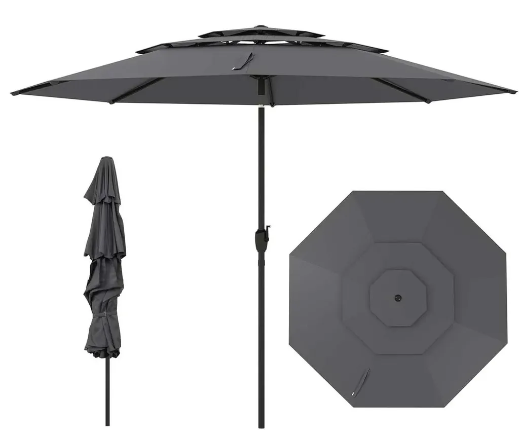 Parasol 300 cm résistant au vent gris avec manivelle et protection anti-UV